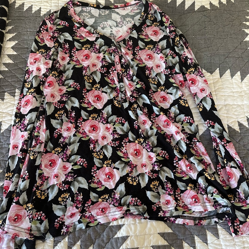 Posh Peanut Black Floral Long Sleeve Pajama Top with Pink Roses